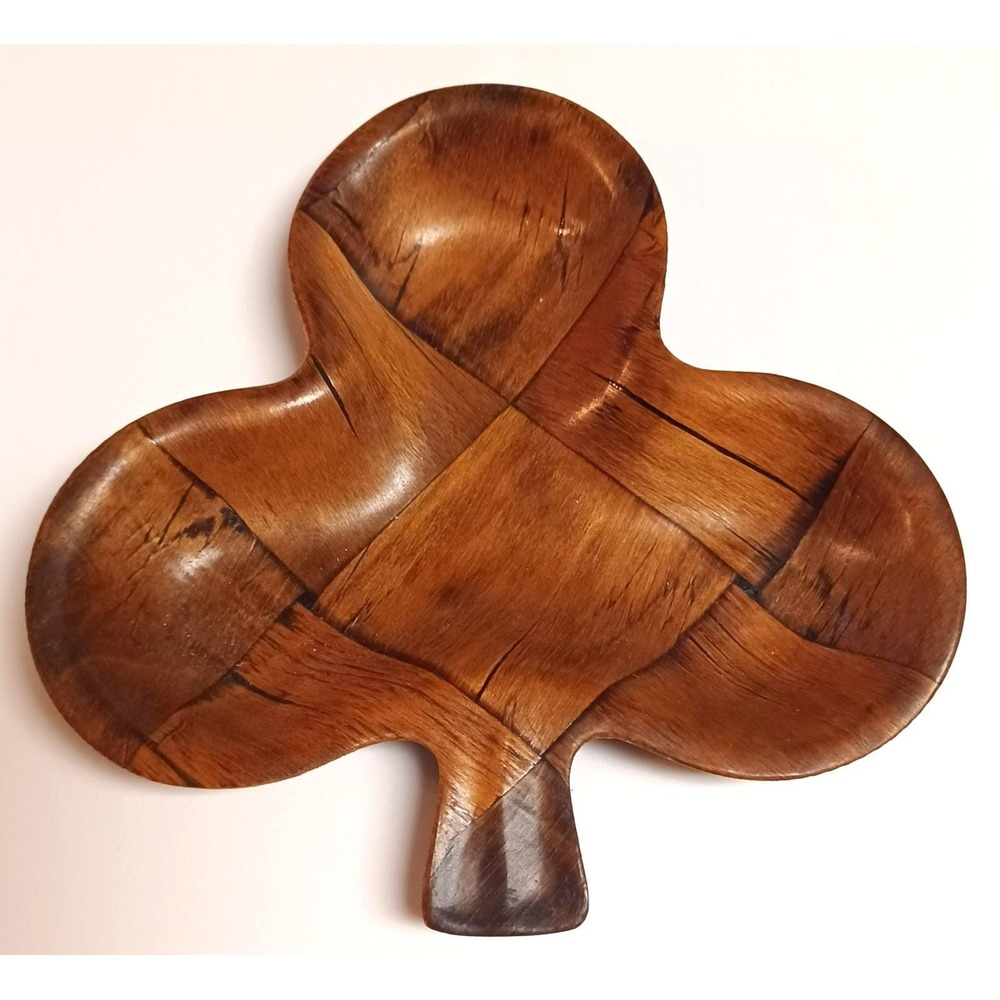 Vintage Woven Wood Resin Clover Club Shaped Snack Trinket Bowl Serving Tray